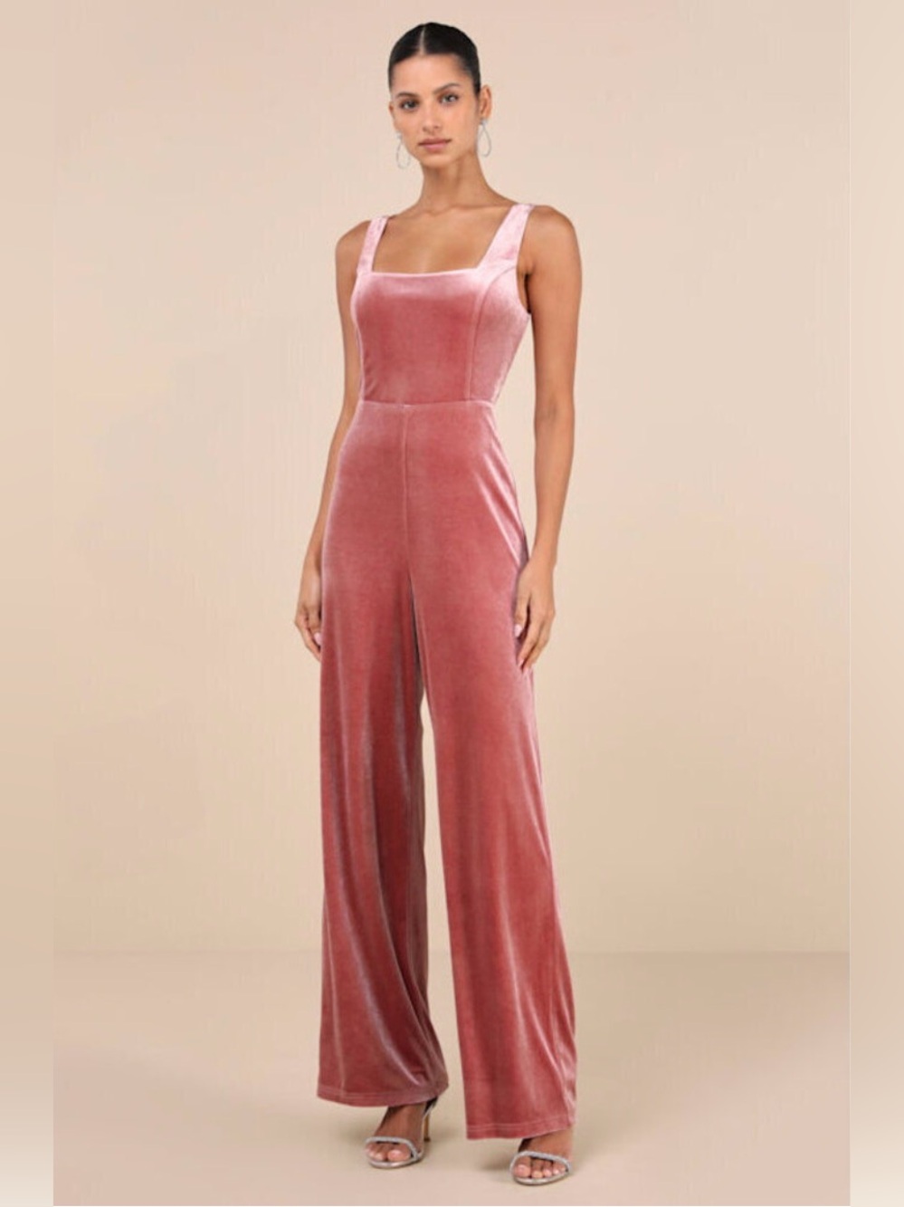 Lulu's Rose Velvet Square-Neck Wide-Leg Jumpsuit